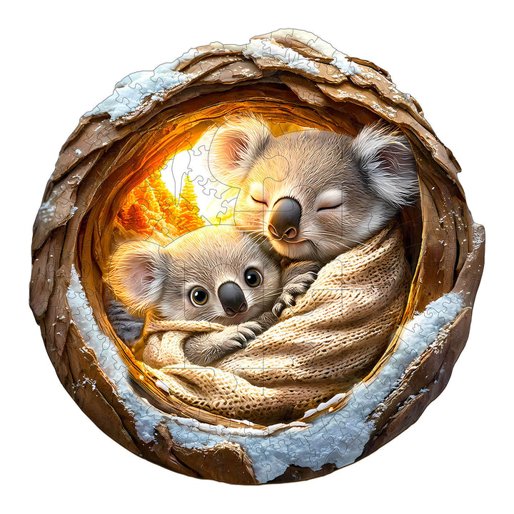 Cozy koalas in a wooden puzzle design, showcasing a heartwarming scene of love and togetherness.