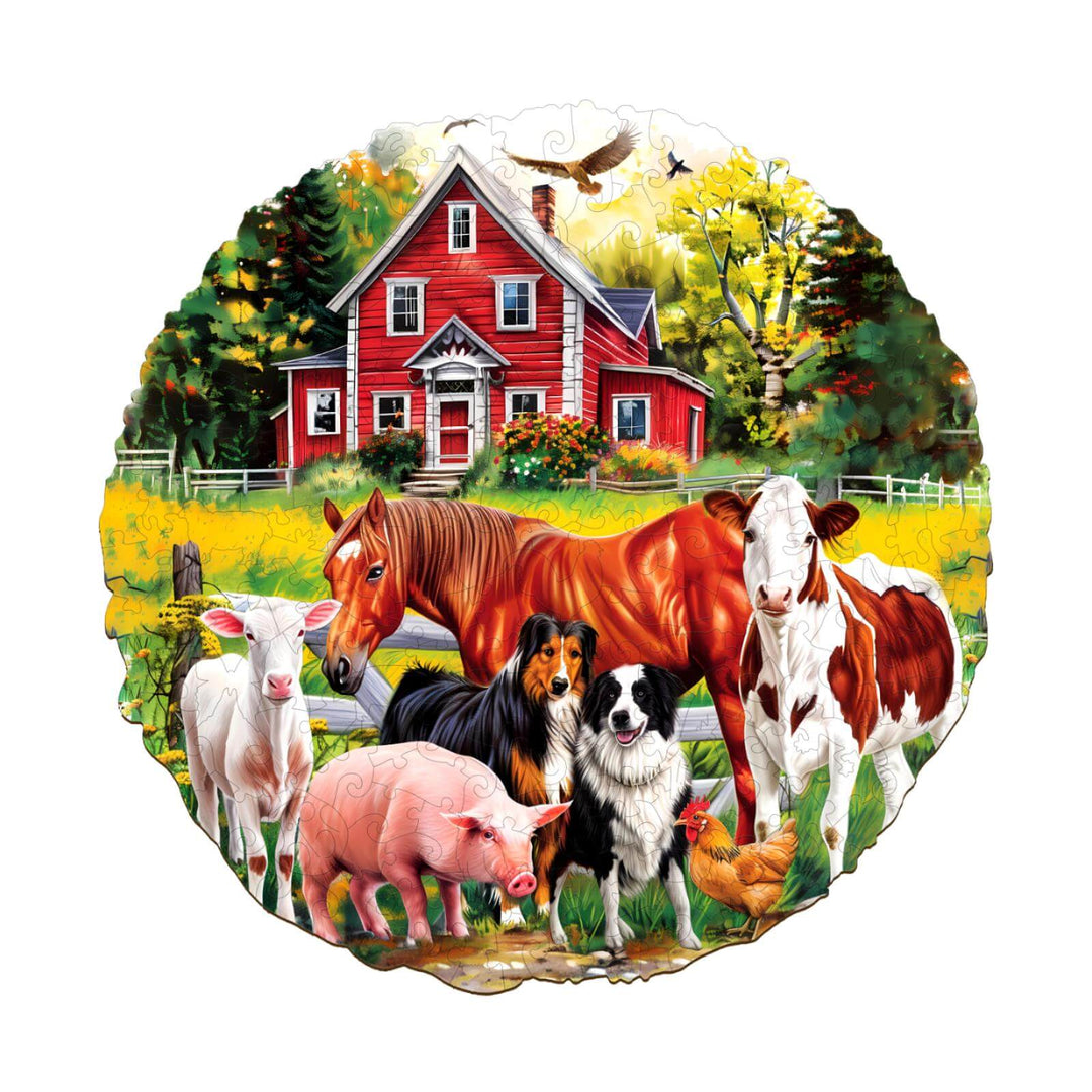 Farm Animals Wooden Jigsaw Puzzle depicting various farm animals in front of a red barn and vibrant landscape.