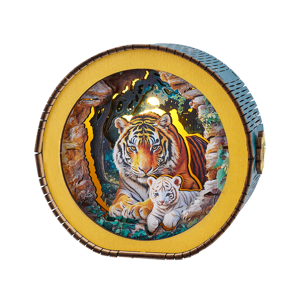 3D wooden puzzle night light depicting a tiger mother and cub in a jungle scene, offering intricate details and warm illumination.