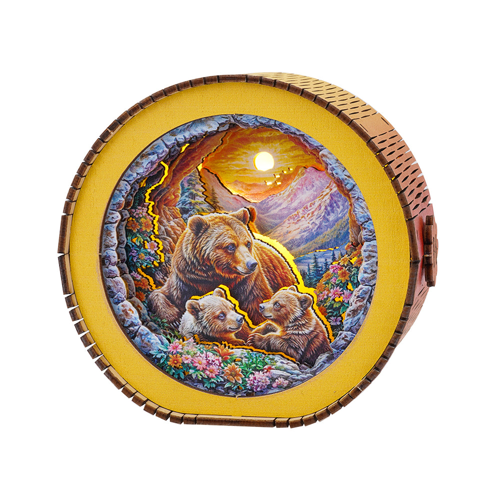 Brown Bear Family 3D wooden puzzle night light featuring a scenic design with a mother bear and her cubs.