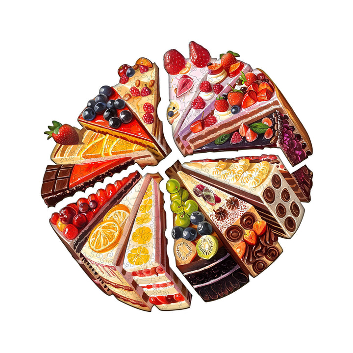 Colorful delicious cake puzzle pieces arranged in a circular pattern, perfect for mind games and jigsaw puzzle enthusiasts.