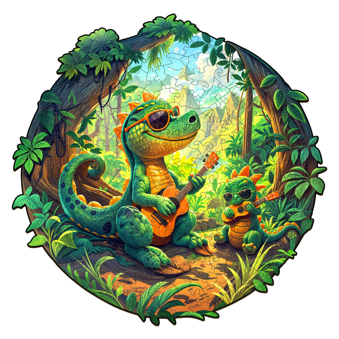 Colorful wooden jigsaw puzzle featuring playful dinosaurs in sunglasses surrounded by lush greenery.