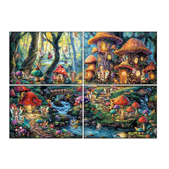 Fairy Village jigsaw puzzle featuring colorful mushrooms, fairies, and a serene stream in a magical forest setting.