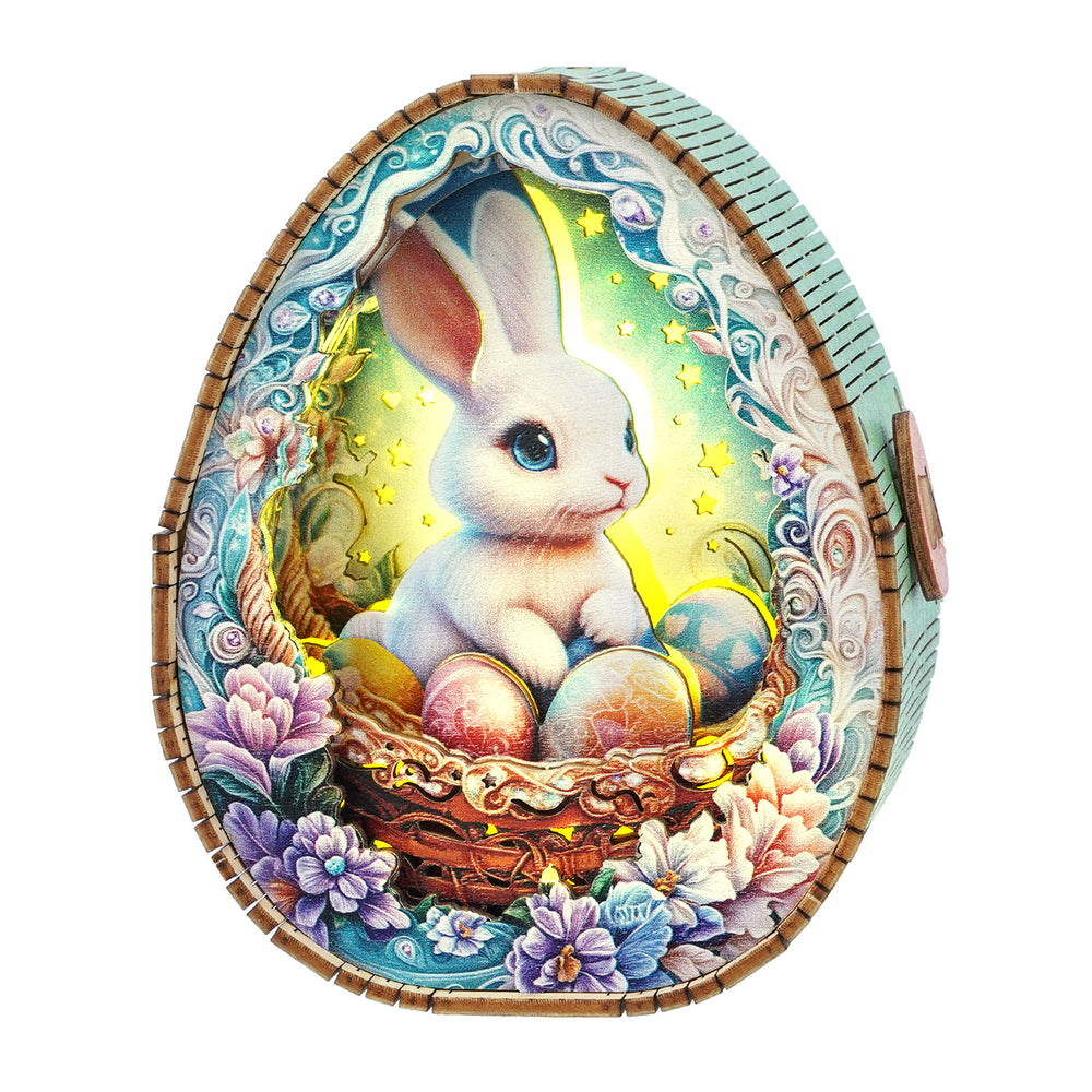 3D wooden puzzle night light featuring a cute bunny surrounded by colorful Easter eggs and flowers, perfect for Easter decor.