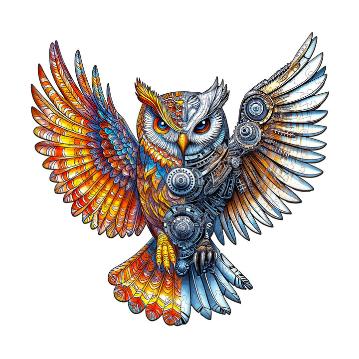Yin-Yang MechaOwl wooden jigsaw puzzle featuring an intricate mechanical design and vibrant colors.