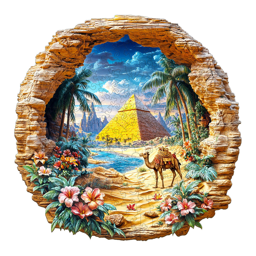 Oasis Mirage Wooden Jigsaw Puzzle featuring a vibrant desert scene with pyramids and palm trees, perfect for puzzle enthusiasts.