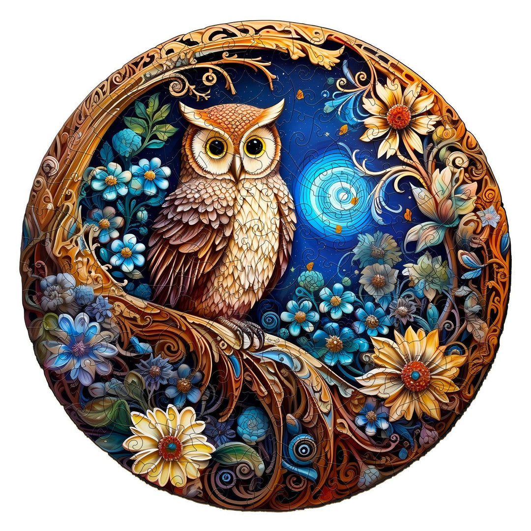 Colorful wooden jigsaw puzzle featuring an owl with floral designs and a moonlit backdrop.