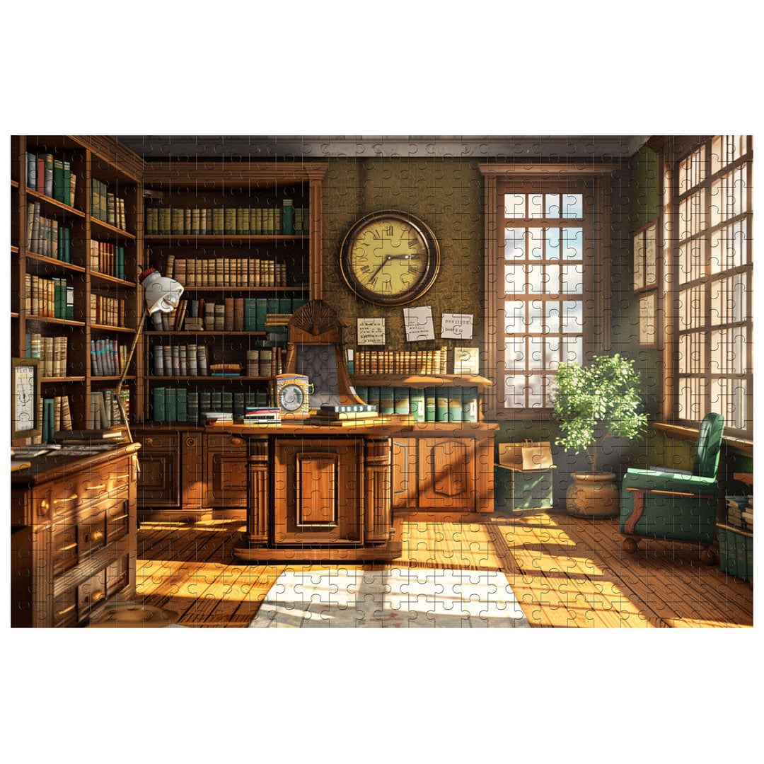 Exquisite Study jigsaw puzzle showcasing a cozy library with sunlit windows and a wooden desk, promoting focus and intelligence.