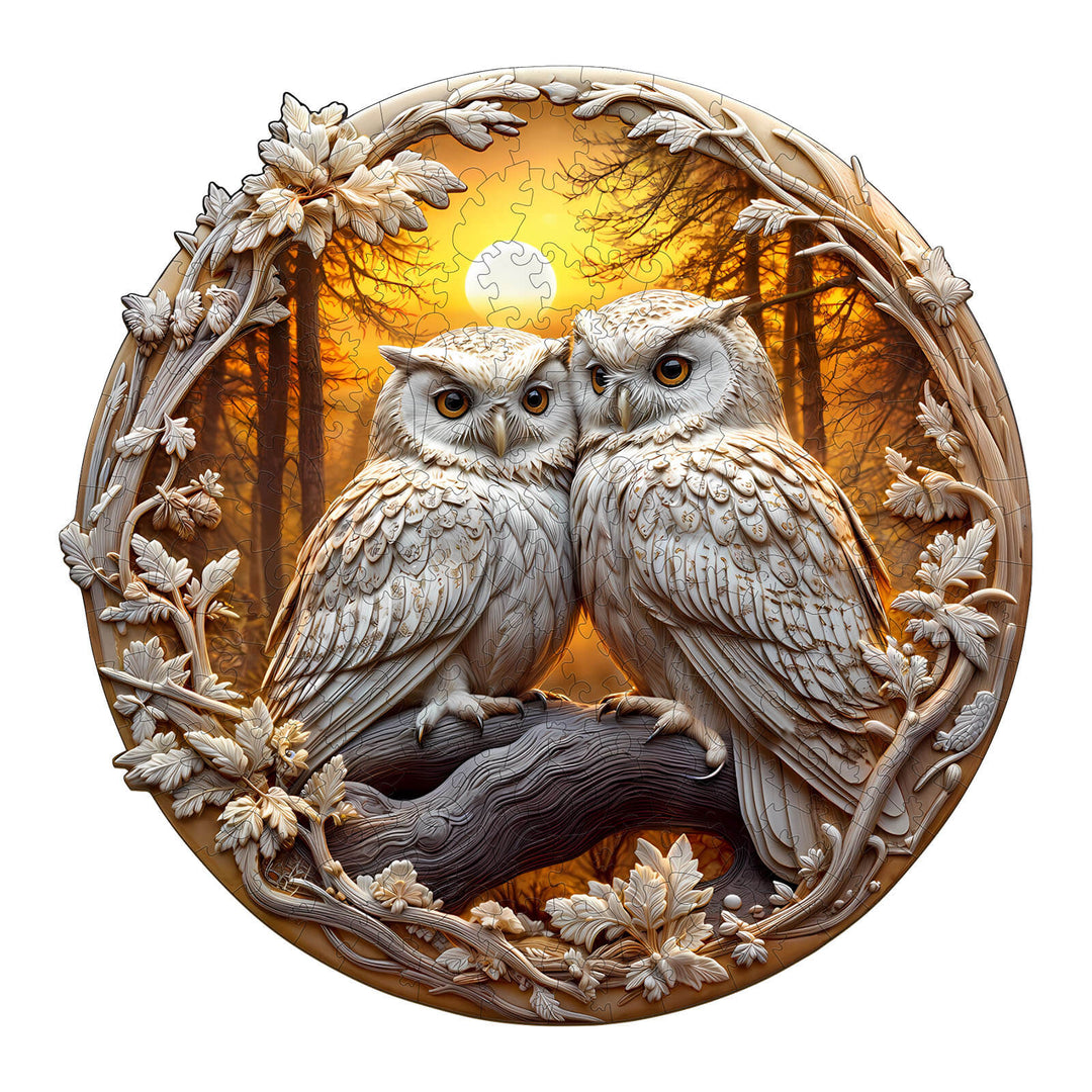 3D Owl-3 wooden jigsaw puzzle featuring two owls in a forest scene, ideal for enhancing focus and cognitive skills.