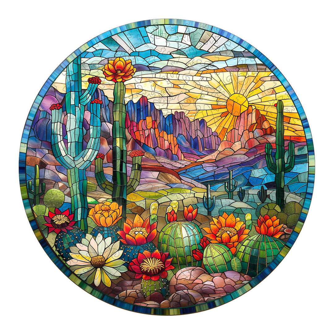 Stained glass cactus jigsaw puzzle with vibrant colors depicting desert landscape and flowers in a round design.