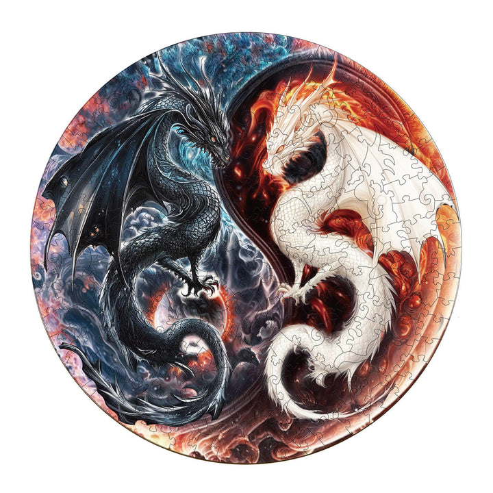Yin Yang Dragon Wooden Jigsaw Puzzle featuring a black and white dragon in a circular design, perfect for enhancing focus and critical thinking.