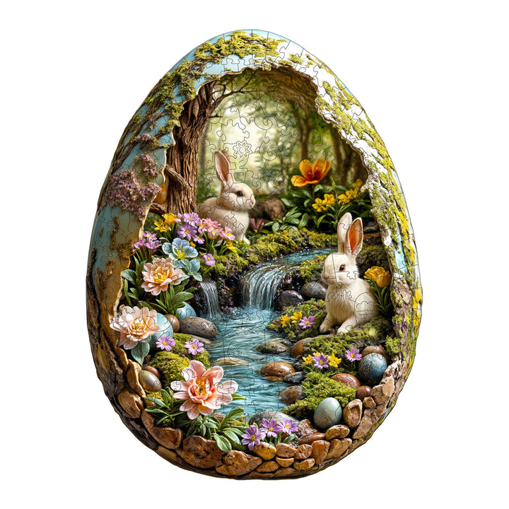 3D Wonderland Easter wooden jigsaw puzzle featuring bunnies, flowers, and a serene stream in an egg-shaped scene.