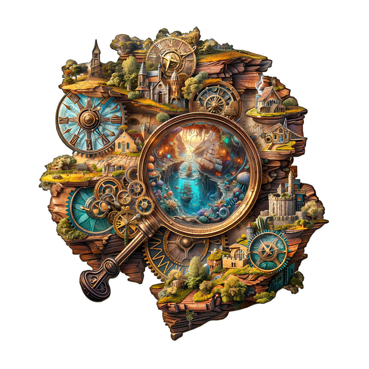 Explorer's World-2 wooden jigsaw puzzle featuring intricate scenes and a magnifying glass for puzzle enthusiasts.