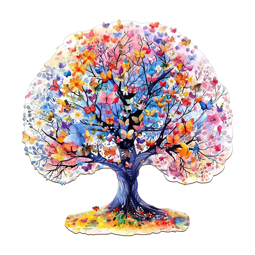 Colorful Life Tree wooden jigsaw puzzle with vibrant butterflies and flowers, designed for enhanced focus and mental skills.