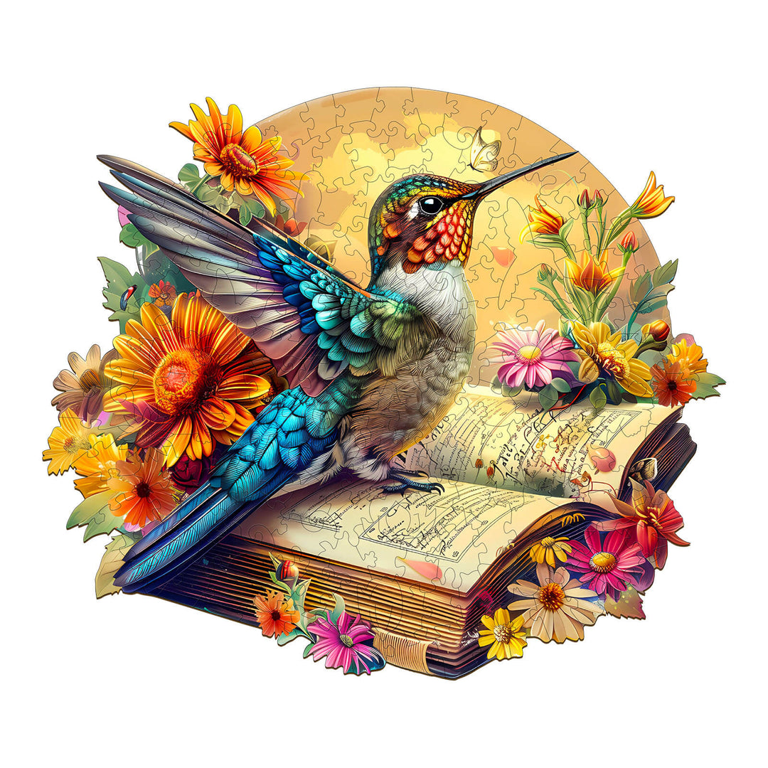Colorful hummingbird on an open book surrounded by vibrant flowers; ideal for puzzle enthusiasts and mindfulness games.
