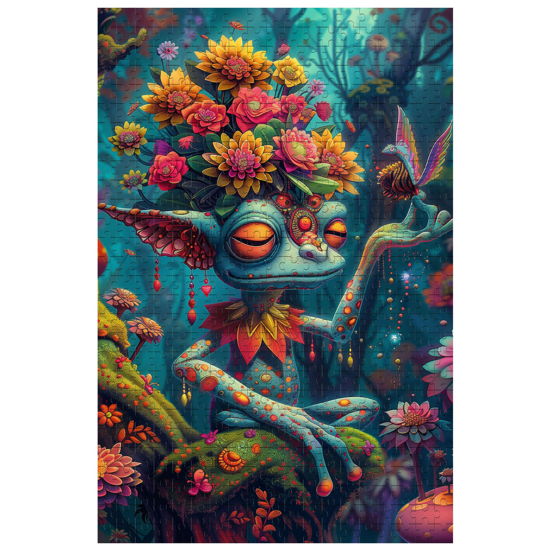 Colorful Forest Monster jigsaw puzzle featuring a whimsical creature surrounded by flowers and a hummingbird, promoting focus and creativity.