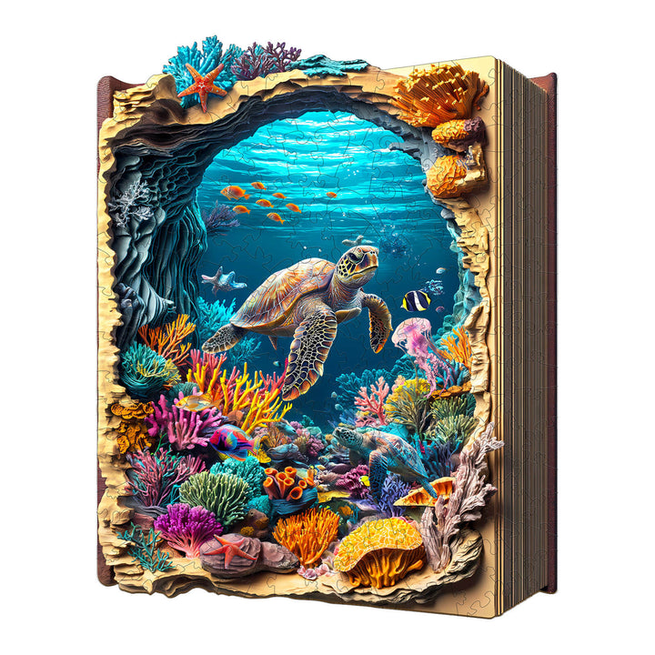3D deep blue wooden jigsaw puzzle featuring a vibrant underwater scene with a turtle and colorful coral reefs.