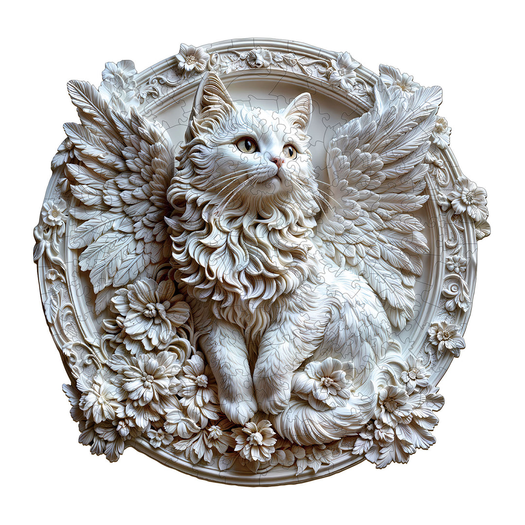 3D angel cat wooden jigsaw puzzle with wings and floral details, perfect for mind games and puzzle lovers.
