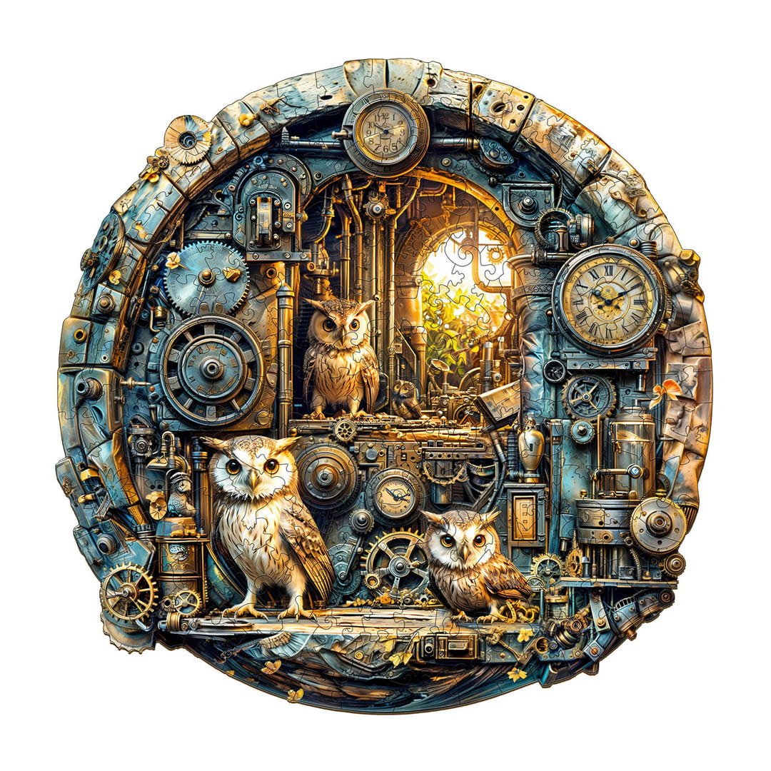 Steampunk Owl wooden jigsaw puzzle featuring intricate gears, owls, and a clock, designed for mind games and focus.