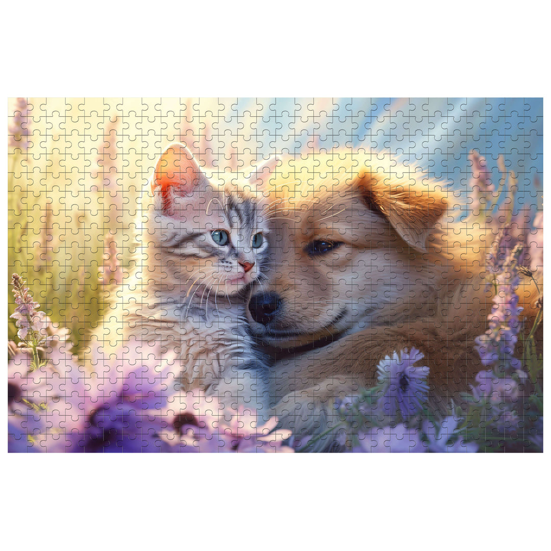 Childhood Sweethearts 500/1000 piece puzzle featuring a adorable cat and dog among flowers.