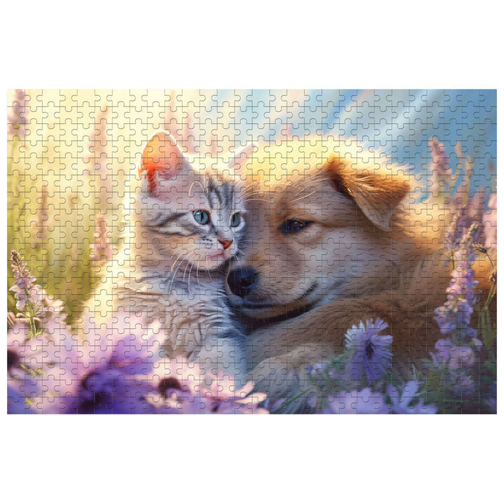 Childhood Sweethearts 500/1000 piece puzzle featuring a adorable cat and dog among flowers.