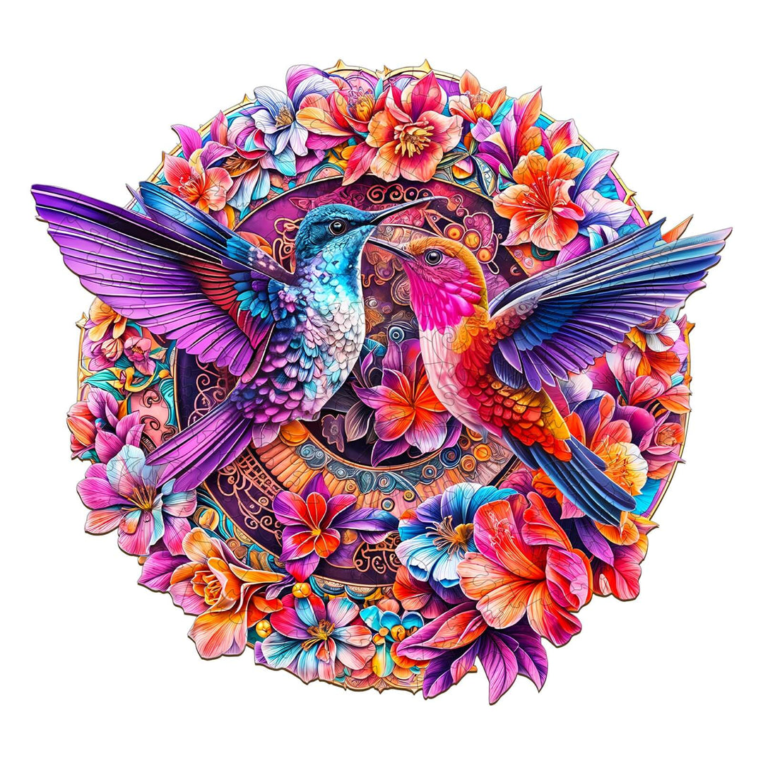 Colorful Flower Hummingbird Wooden Jigsaw Puzzle featuring vibrant birds surrounded by blooming flowers.