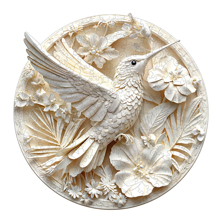 3D Paper Hummingbird-2 wooden jigsaw puzzle featuring a detailed hummingbird and floral design.