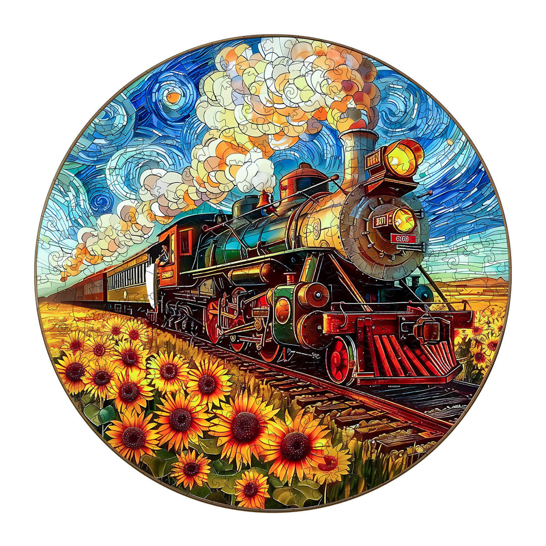 Sunflower Star Train wooden jigsaw puzzle featuring a vibrant train in a sunlit sunflower field.