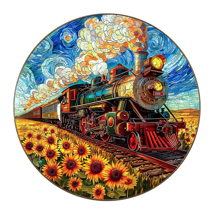 Sunflower Star Train wooden jigsaw puzzle featuring a vibrant train in a sunlit sunflower field.