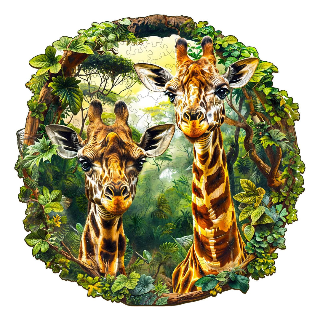 Giraffe-2 wooden jigsaw puzzle showcasing two giraffes in a lush jungle setting with vibrant colors.