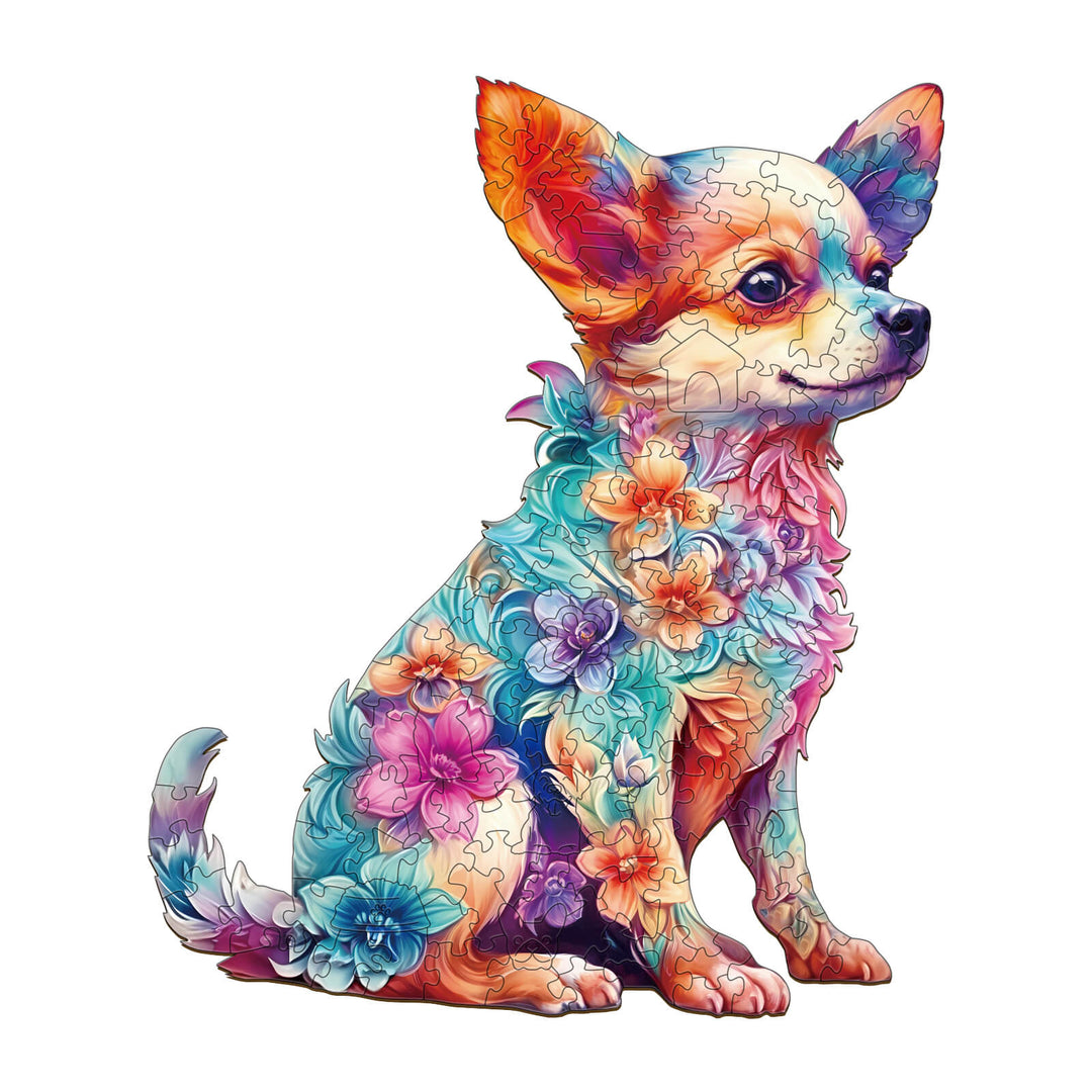 Colorful Cute Puppy Wooden Jigsaw Puzzle with floral design, perfect for puzzle fans and mind game enthusiasts.