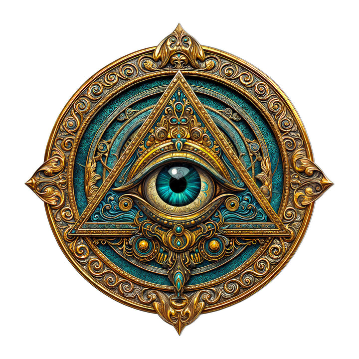 Mysterious Eye design featuring intricate patterns and a vibrant blue eye, perfect for jigsaw puzzle enthusiasts.