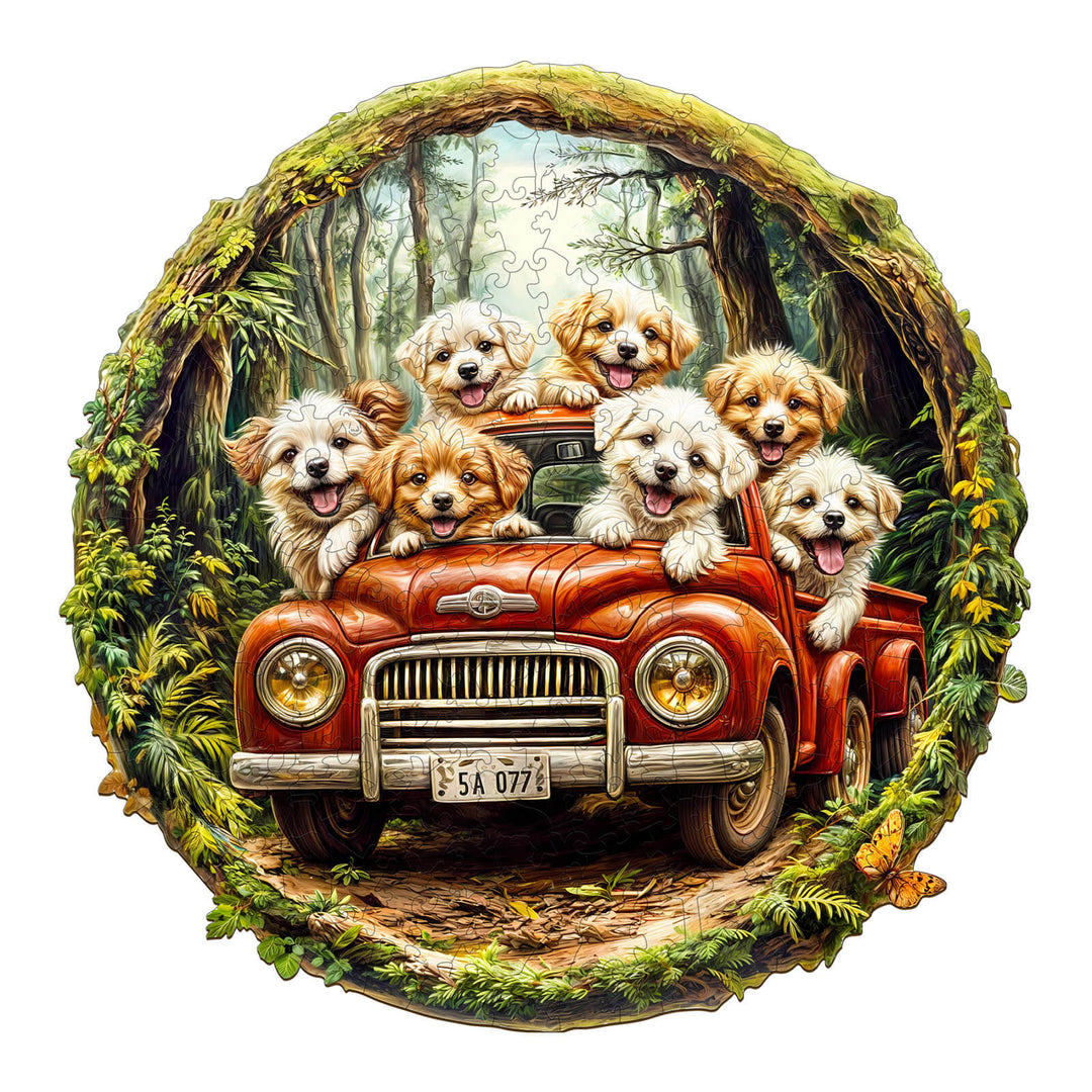 Fast truck jigsaw puzzle featuring playful puppies in a classic red truck, surrounded by a lush forest backdrop.