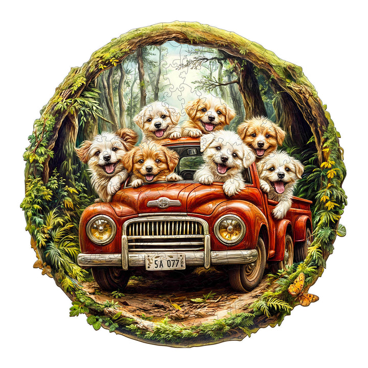 Fast truck jigsaw puzzle featuring playful puppies in a classic red truck, surrounded by a lush forest backdrop.