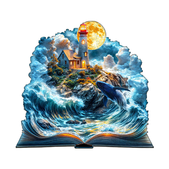 Dream Sea Wonder Wooden Jigsaw Puzzle featuring a lighthouse and whale emerging from waves, perfect for puzzle lovers.