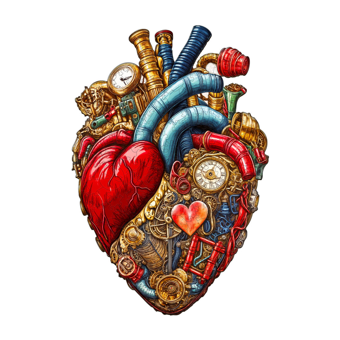 Colorful mechanical heart design featuring gears, pipes, and clocks, symbolizing creativity and puzzle-solving engagement.