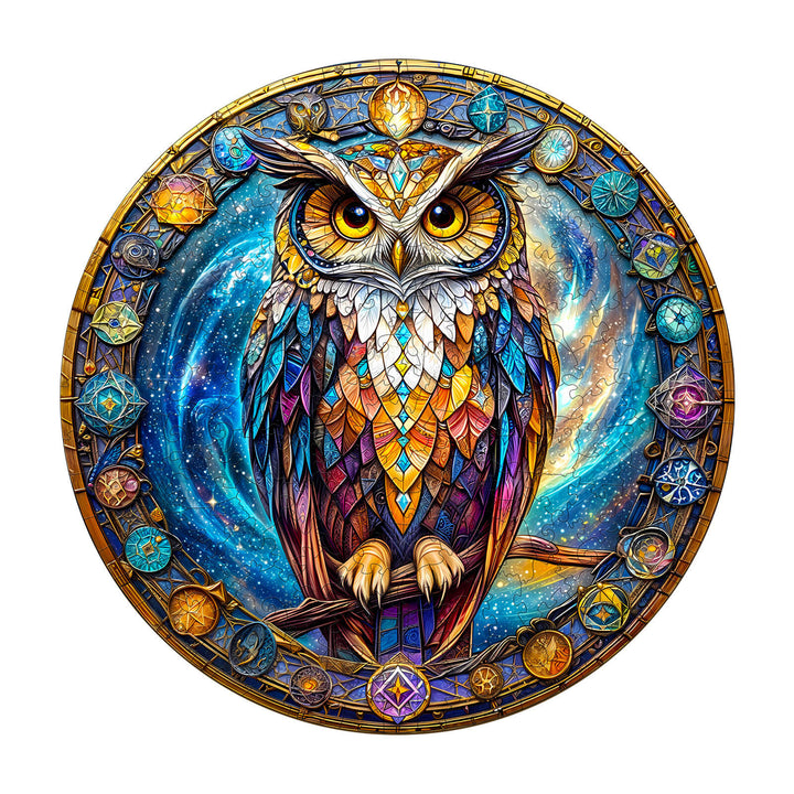 Colorful Cosmic Watcher owl jigsaw puzzle featuring vibrant patterns and celestial designs, perfect for mind games and focus.