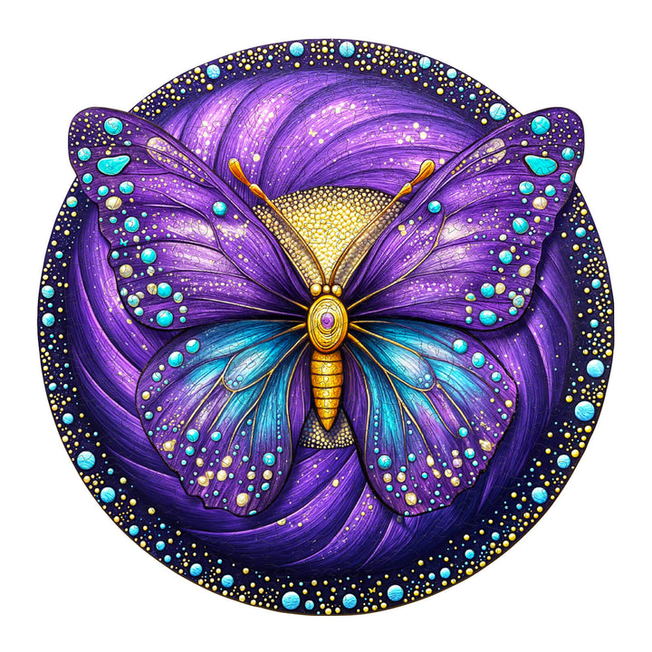 Colorful purple butterfly with vibrant blue accents, surrounded by swirling patterns and dots, ideal for jigsaw puzzle enthusiasts.