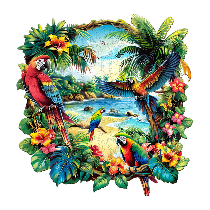 Tropical Parrot Wooden Jigsaw Puzzle featuring vibrant parrots and lush palm trees on a beach background.