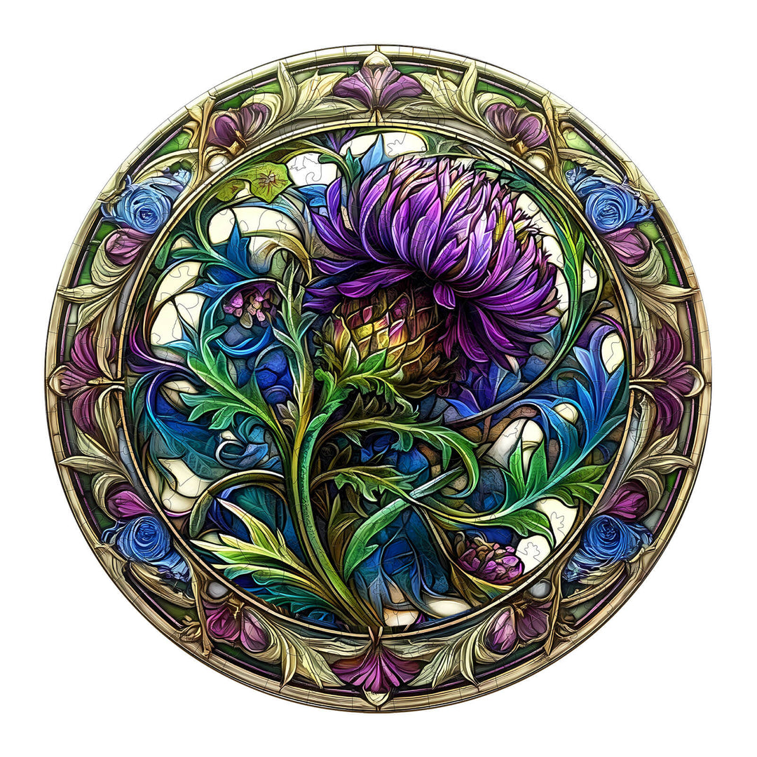 Vibrant Scotch Thistle wooden jigsaw puzzle featuring intricate floral design, enhancing focus and problem-solving skills.