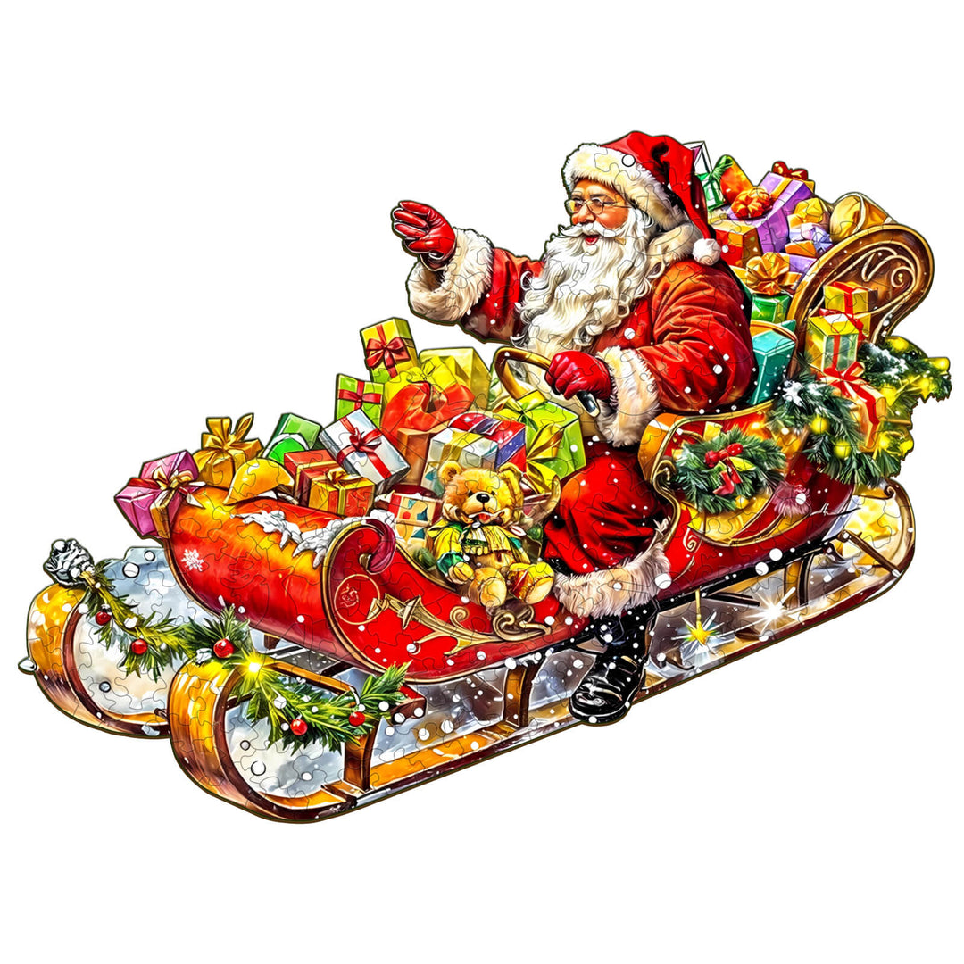Santa Claus in a sleigh filled with Christmas gifts, perfect for the Celebrating Christmas wooden jigsaw puzzle.