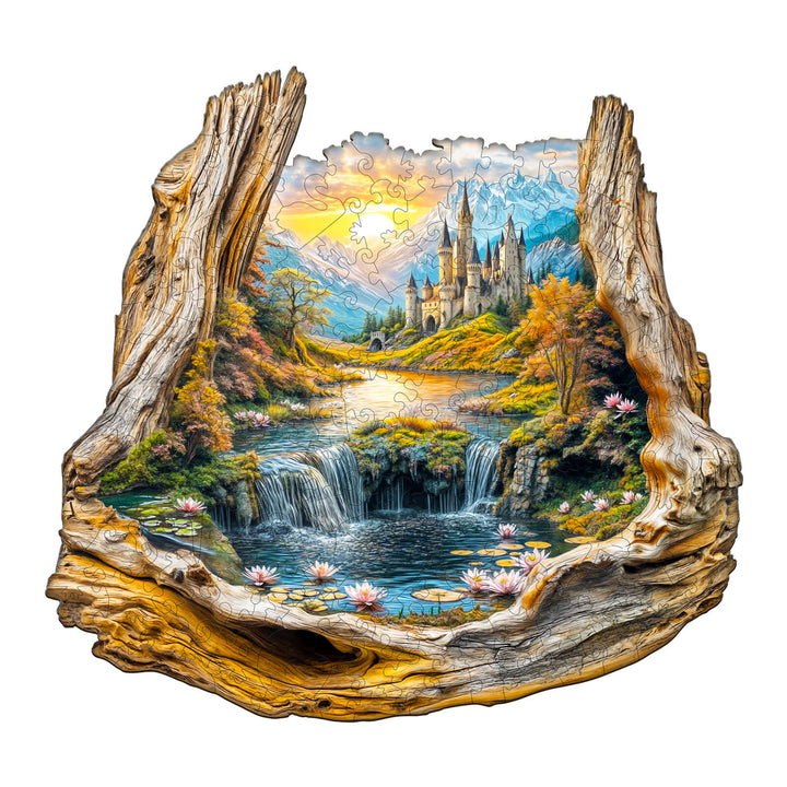 Colorful Enchanted Frame-2 wooden jigsaw puzzle featuring a castle, waterfall, and vibrant scenery.