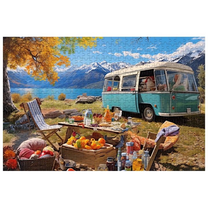 Colorful camping scene puzzle with a vintage van, picnic setup, and scenic mountains in the background, promoting relaxation and focus.