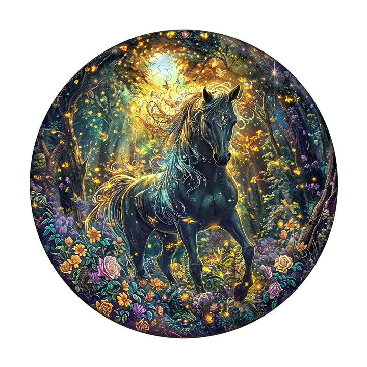 Beautiful wooden jigsaw puzzle featuring a majestic horse in a vibrant forest setting with flowers and magical lighting.