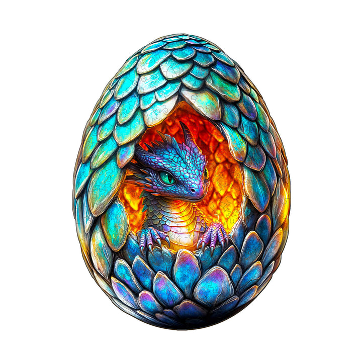 Colorful dragon egg with scales and a dragon hatchling peeking out, perfect for jigsaw puzzle lovers.