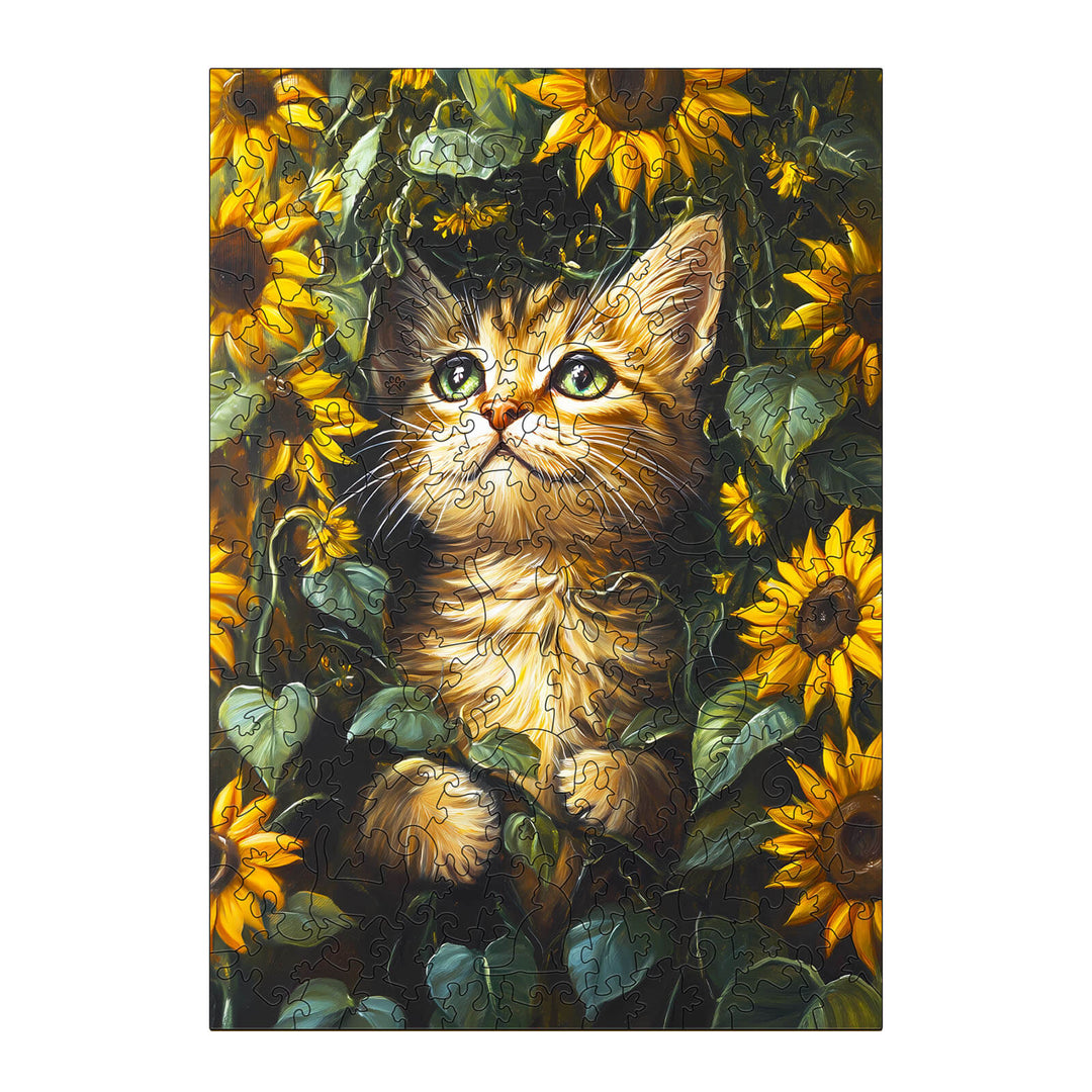 Sunflower and Cat Wooden Jigsaw Puzzle featuring a cat among sunflowers, ideal for mind games and enhancing focus.