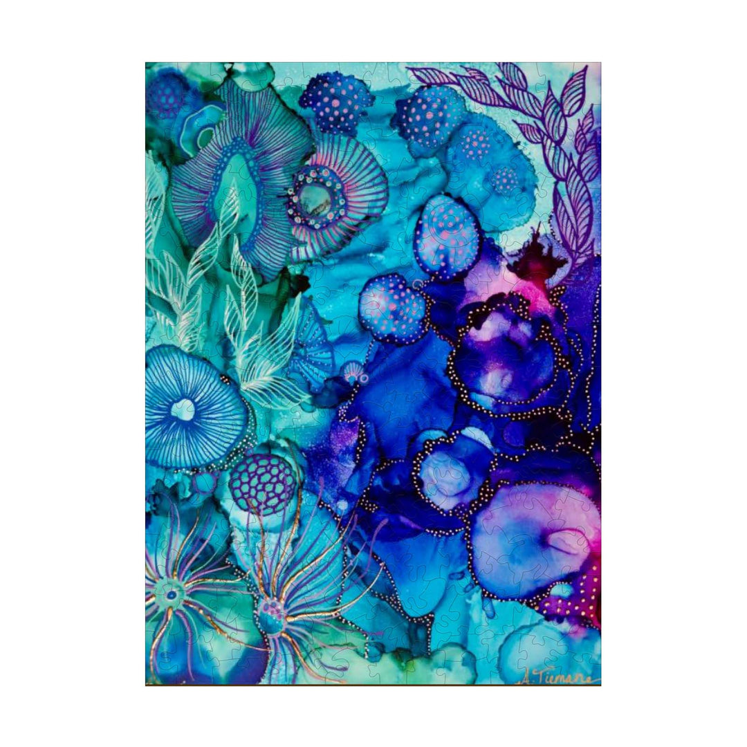 Into the Mystic art print by Amy Tieman, vibrant blues and purples, inspiring floral design.