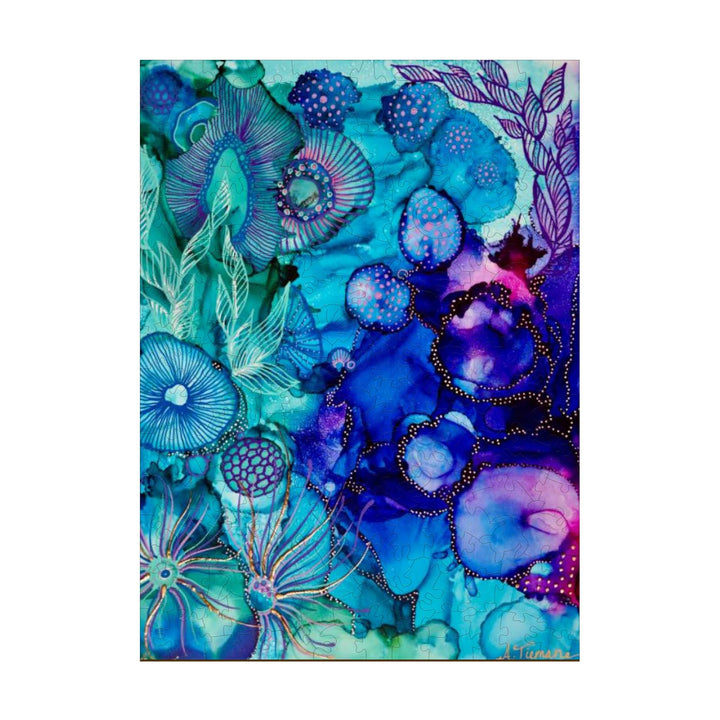 Into the Mystic art print by Amy Tieman, vibrant blues and purples, inspiring floral design.