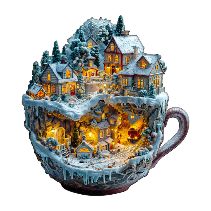Winter village scene inside a cup, featuring charming houses, snow, and warm lights, perfect for jigsaw puzzle enthusiasts.