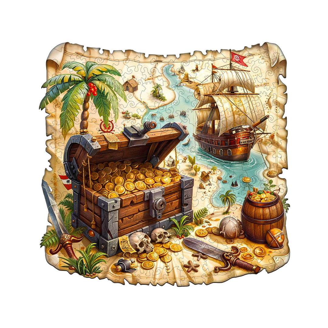 Treasure voyage wooden jigsaw puzzle featuring a pirate ship, treasure chest, and tropical scenery, ideal for mind games.